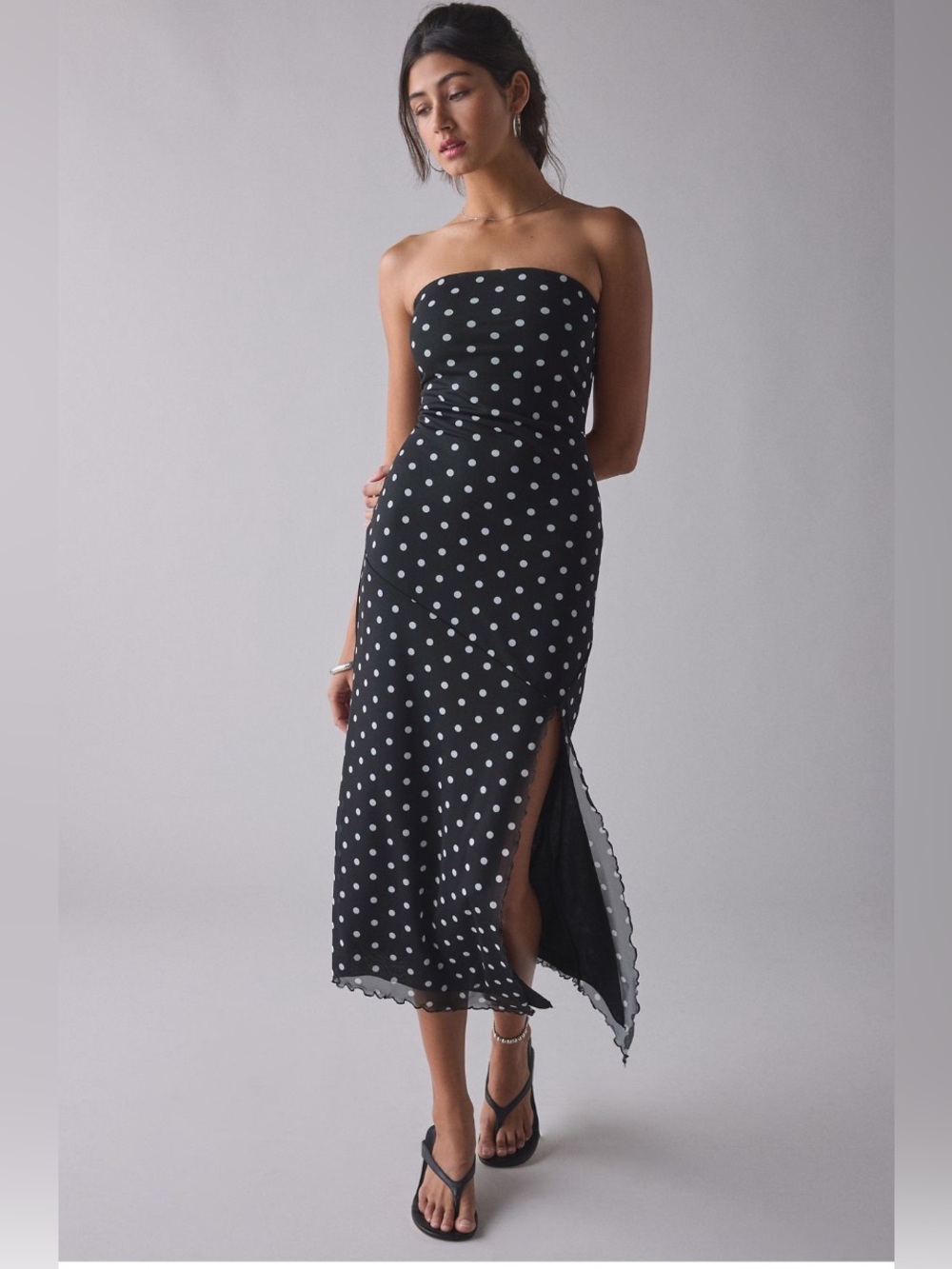 UO Samara mesh strapless midi dress-Black Polka Dot